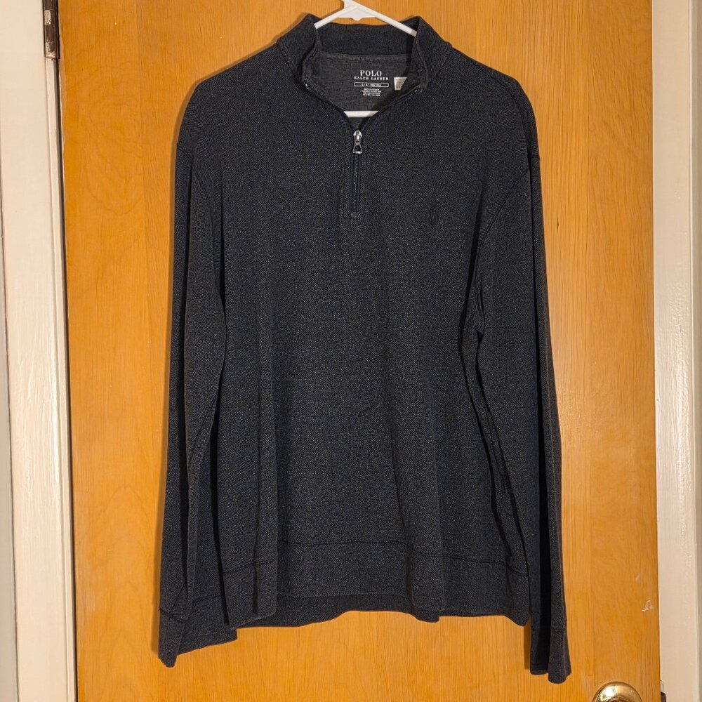 Polo Ralph Lauren 1/4 Zip Knit Sweater Mens L Black Herringbone Cotton Blend